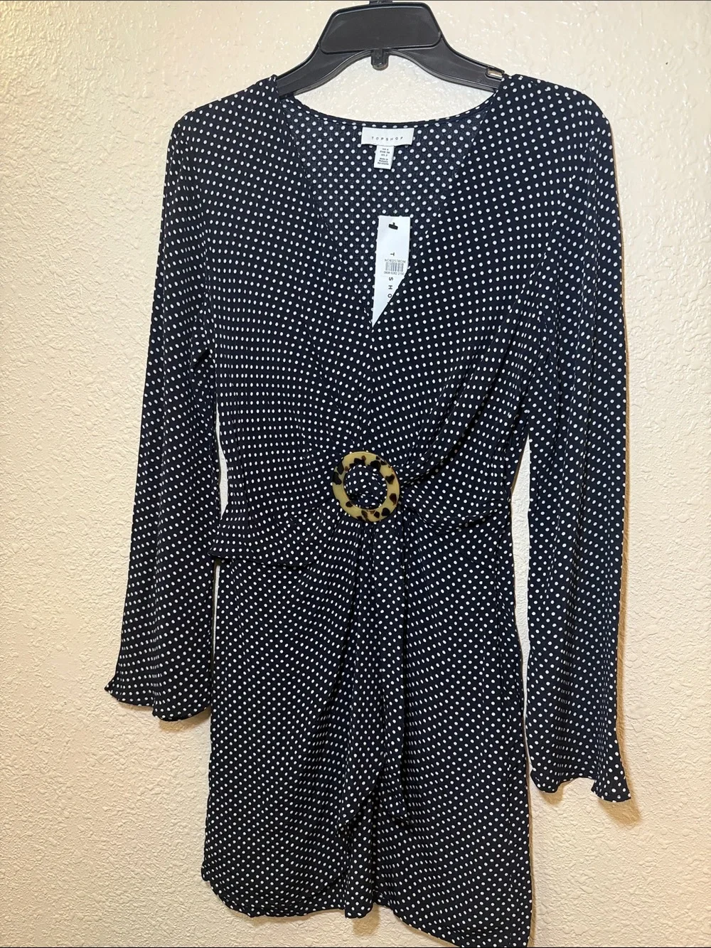 Topshop Black and White Polka Dot Long-Sleeve Wrap Romper with Buckle